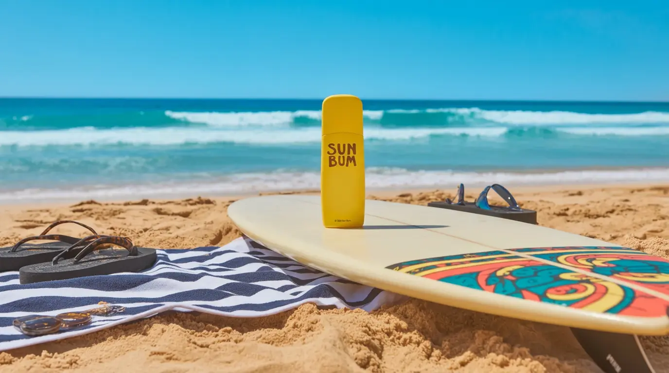 Yellow sunscreen bottle beside surfboard on sunny beach with ocean backdrop