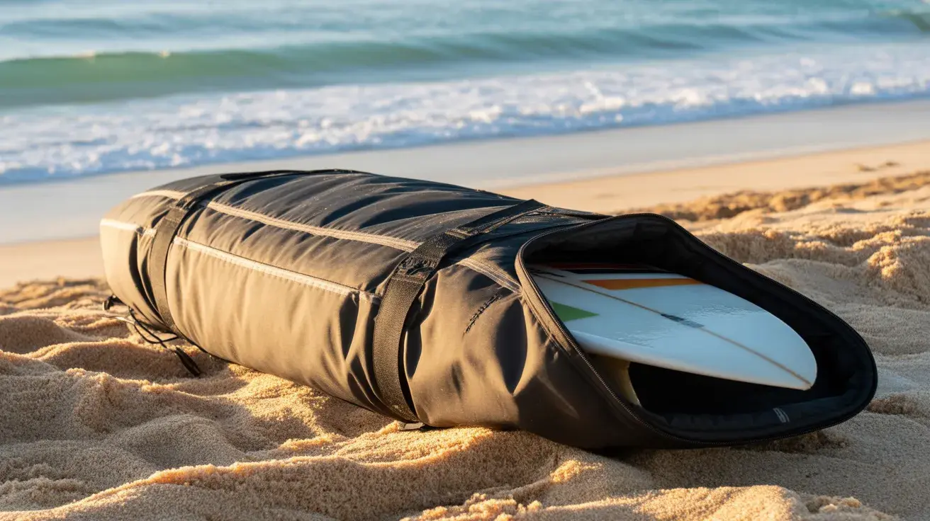 A surfboard bag with a surfboard inside, lying on the sand with the ocean in the background.