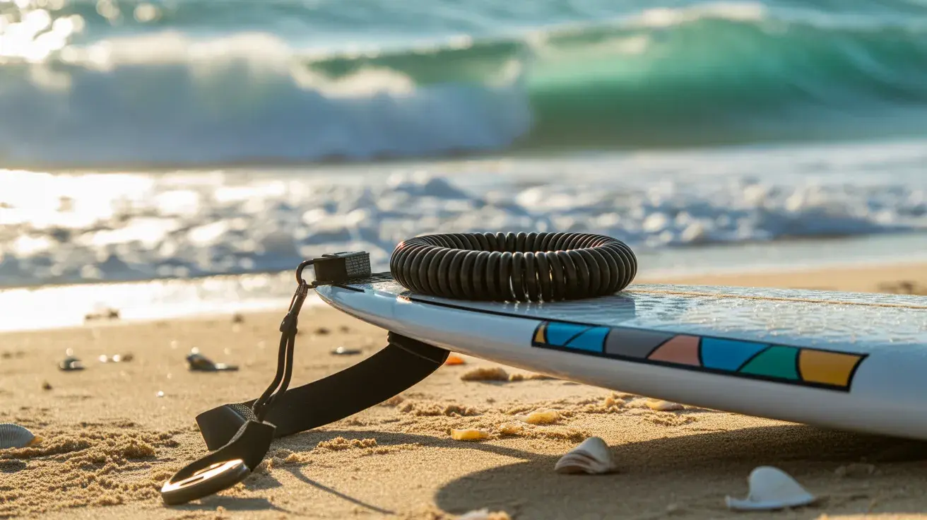 A close-up of a surfboard leash secured to a board on the sand with ocean waves in the background.