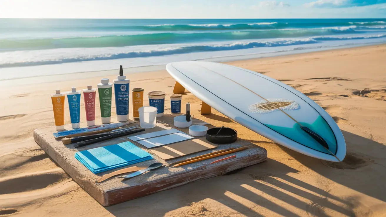 A surfboard repair kit laid out on the sand with a surfboard beside it, ocean waves in the background.