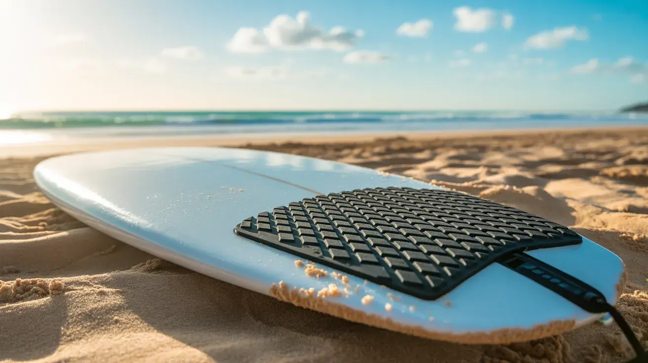 A surfboard with a traction pad installed, resting on the sand with ocean waves in the background.