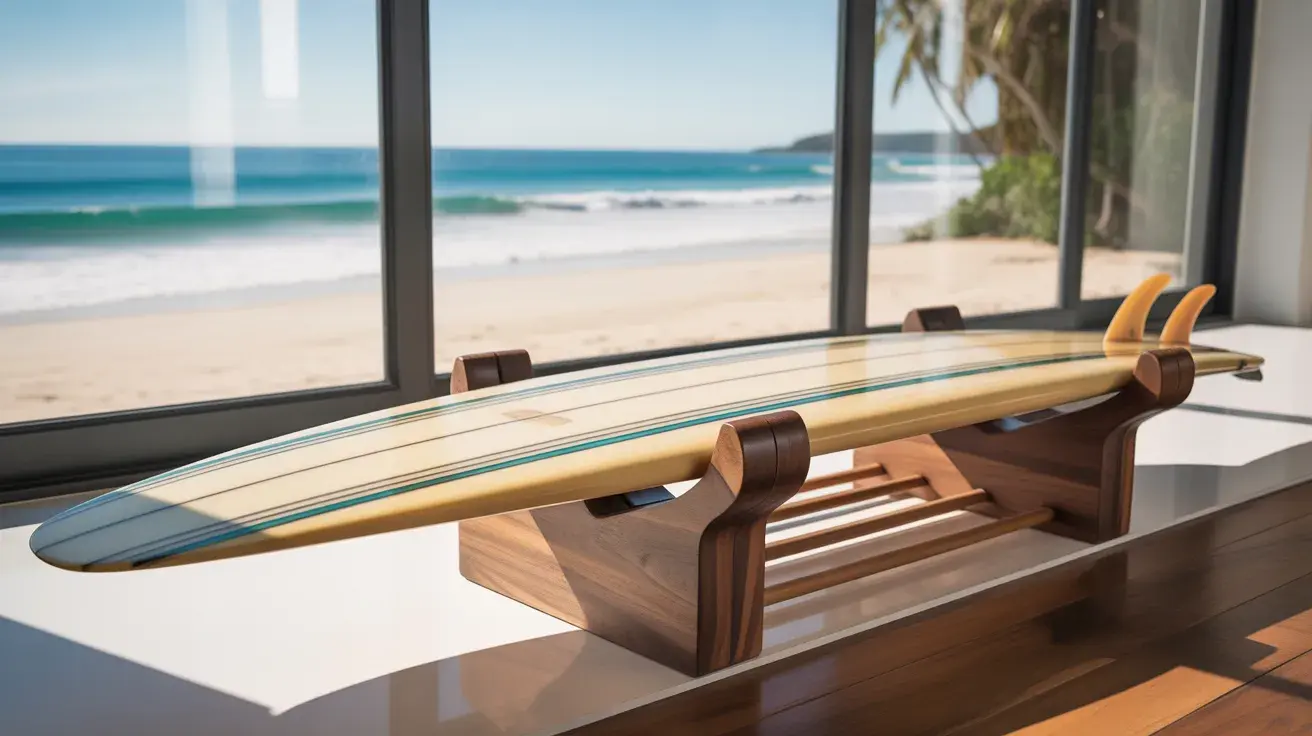 A surfboard displayed on a stylish wooden wall rack inside a modern home with an ocean view.