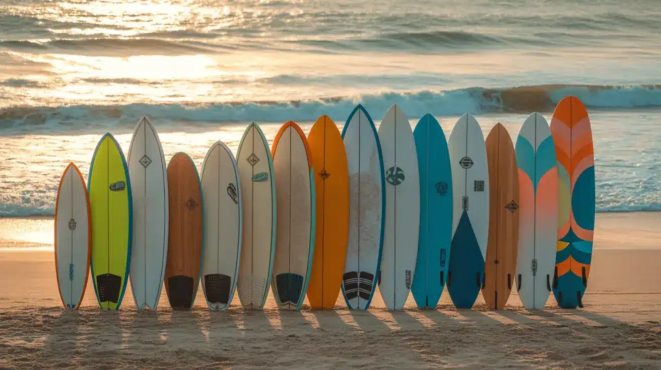 A colorful surfboard resting on the sand with waves crashing in the background.