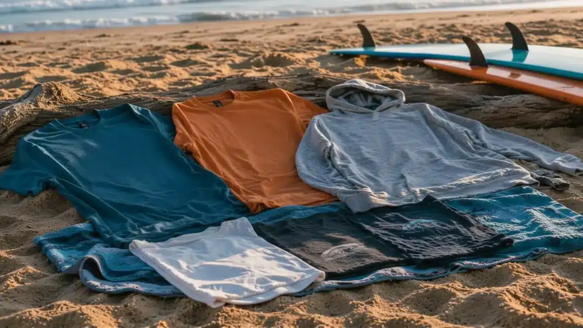 Surf apparel and caps laid out on beach towel beside surfboards at sunset