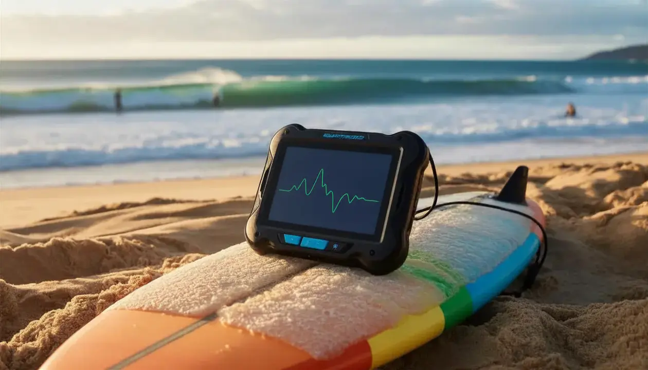 Surf spot finder device on surfboard by ocean waves at sunset