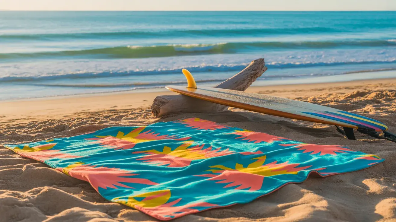 A colorful surf towel spread on the sand next to a surfboard with waves in the background.