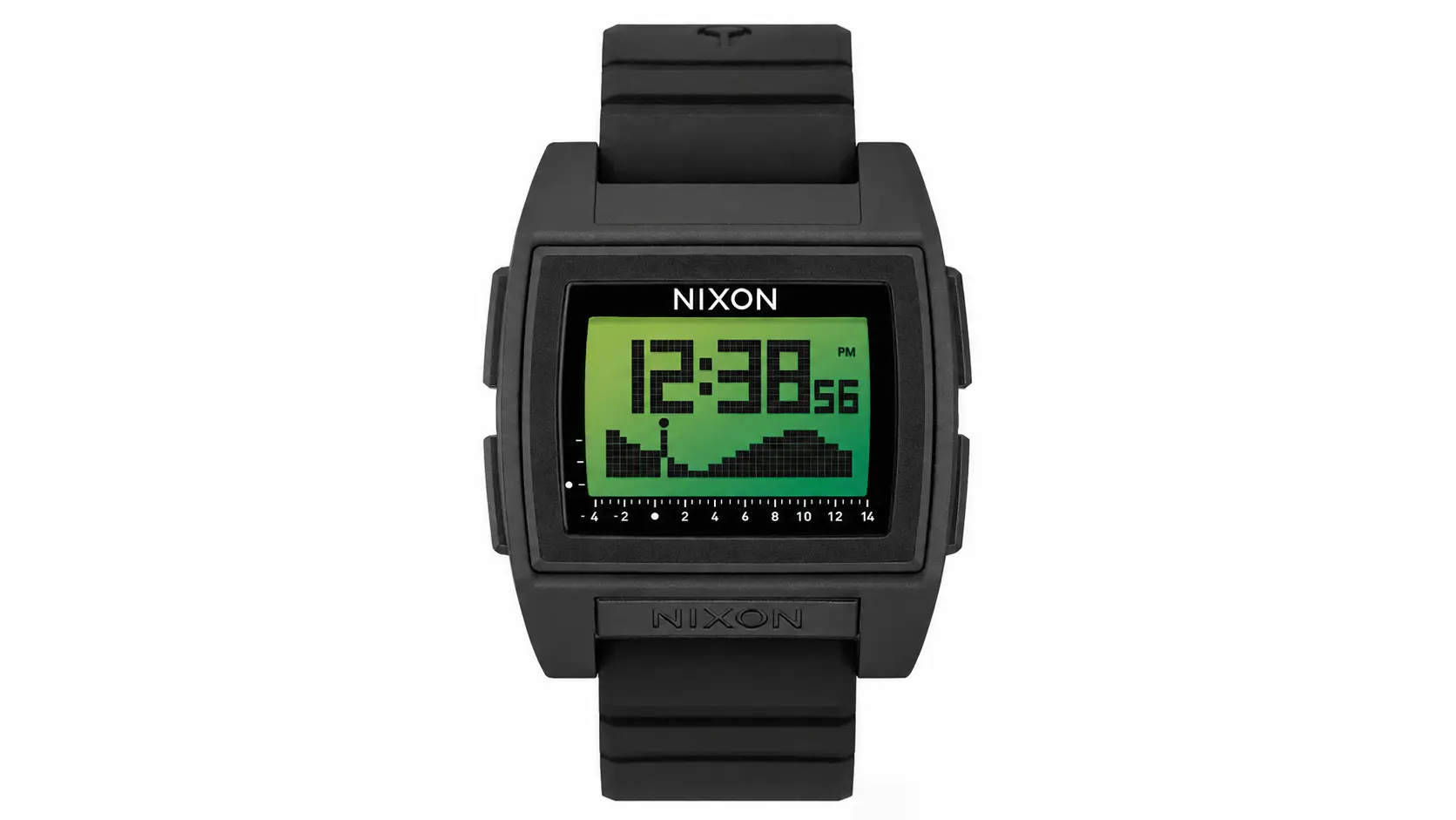 Digital Nixon watch with black band and green screen showing time and tide graph on white background.