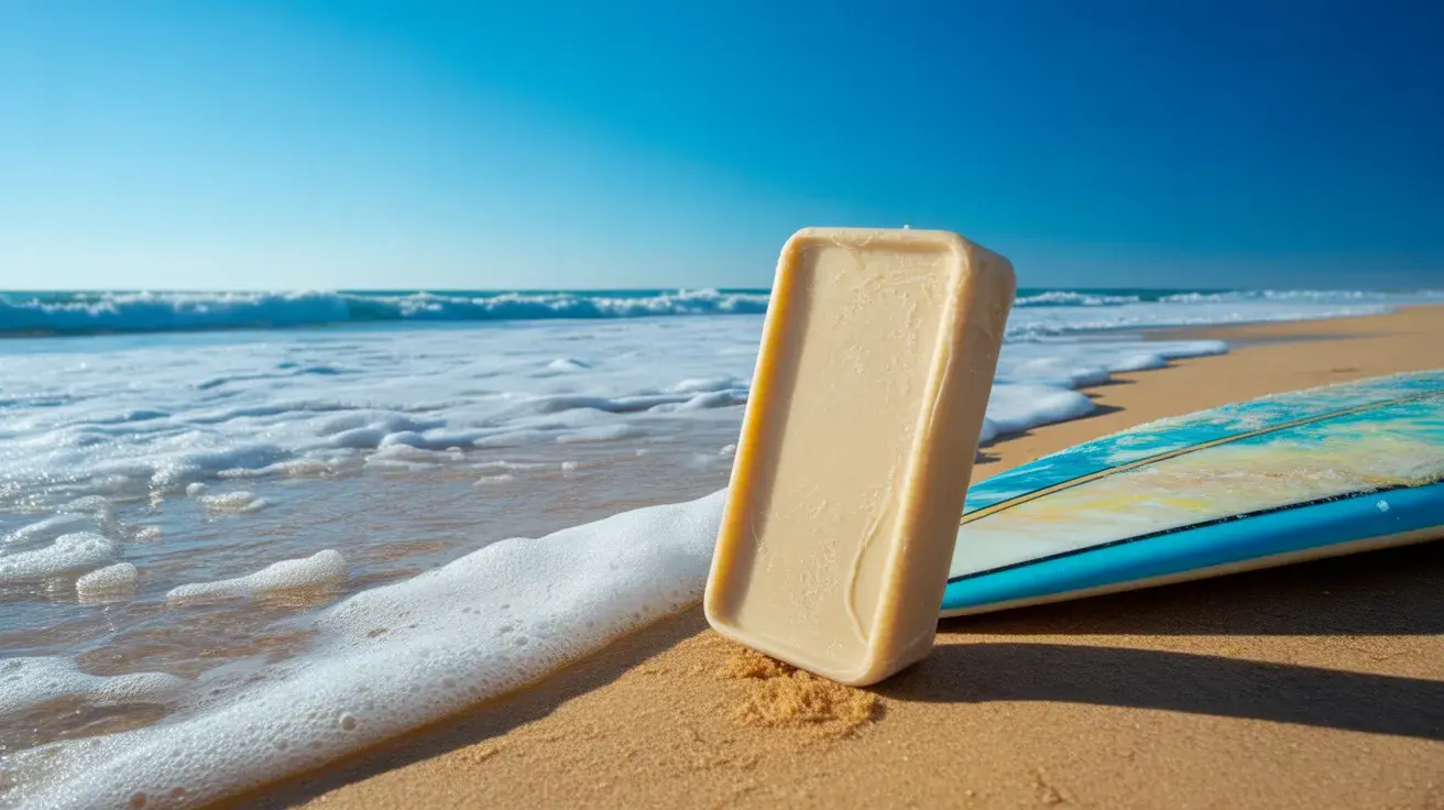A bar of surf wax on the sand next to a surfboard, with waves crashing in the background