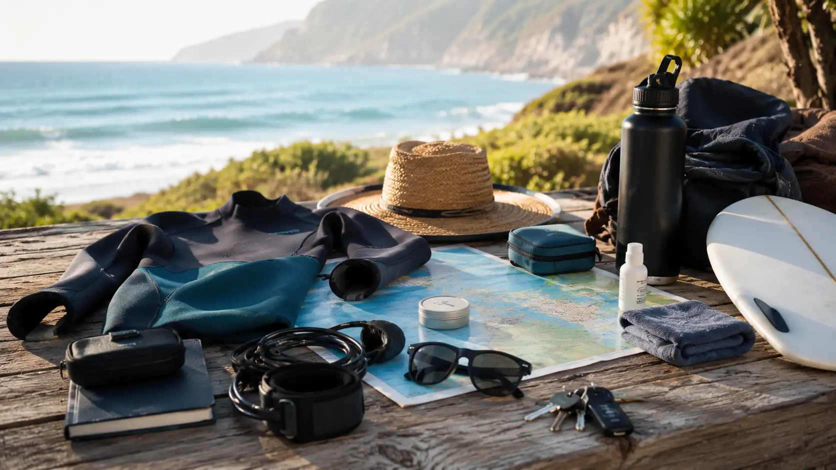 Surf travel essentials including wetsuit, surfboard, map, sunglasses, and water bottle by the ocean coast.