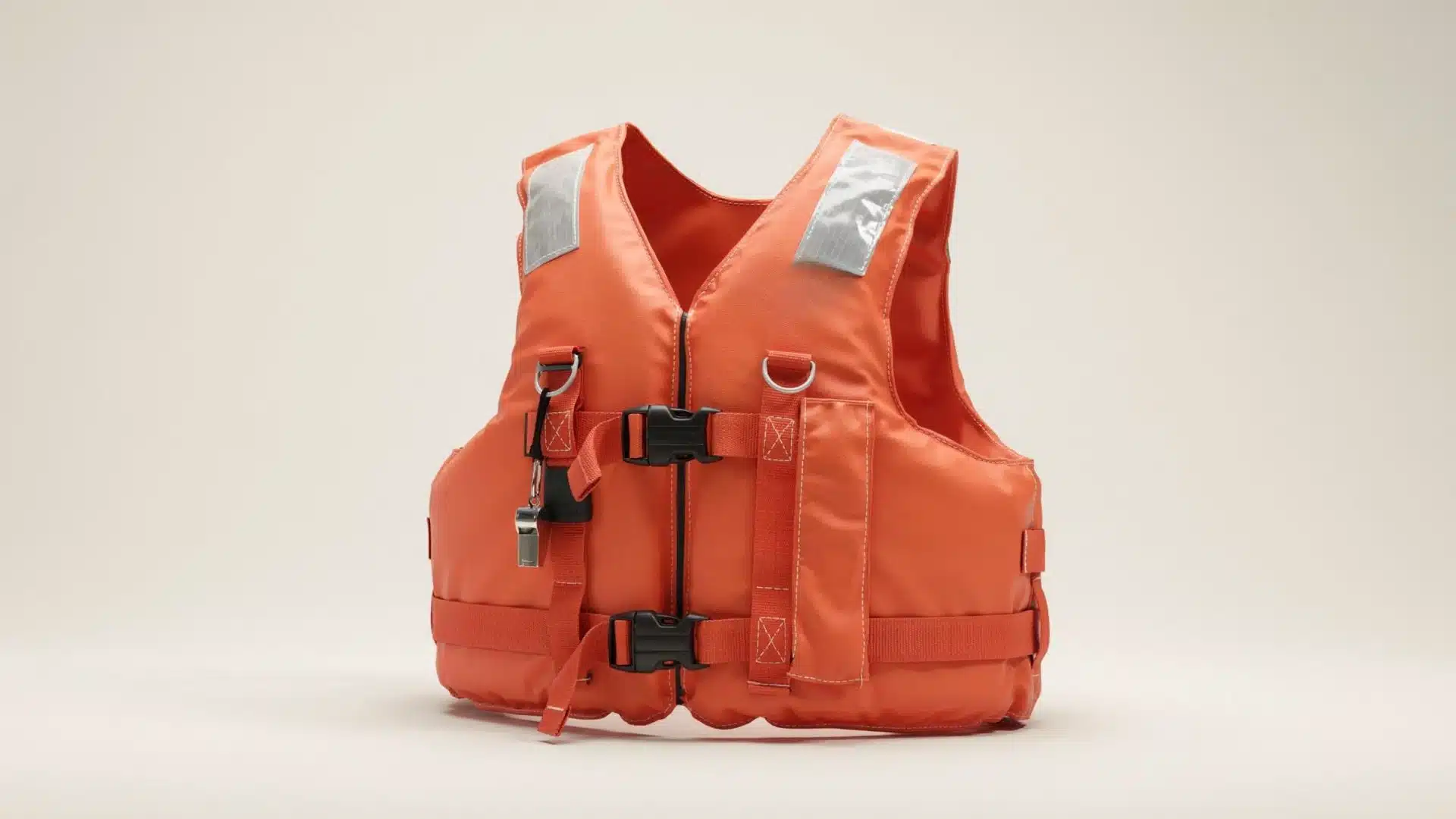 Orange Type I offshore life jacket with whistle and buckles on beige background