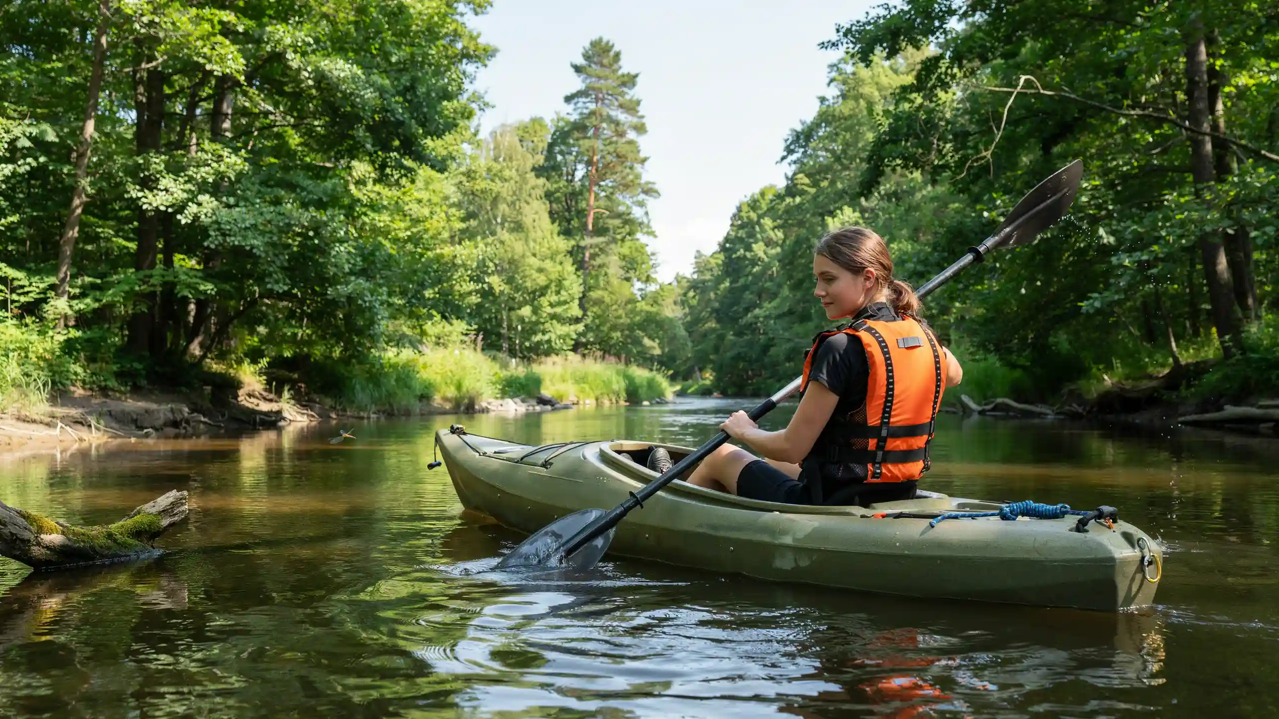Woman wearing an orange life jacket kayaking through a calm forest river surrounded by lush green trees.