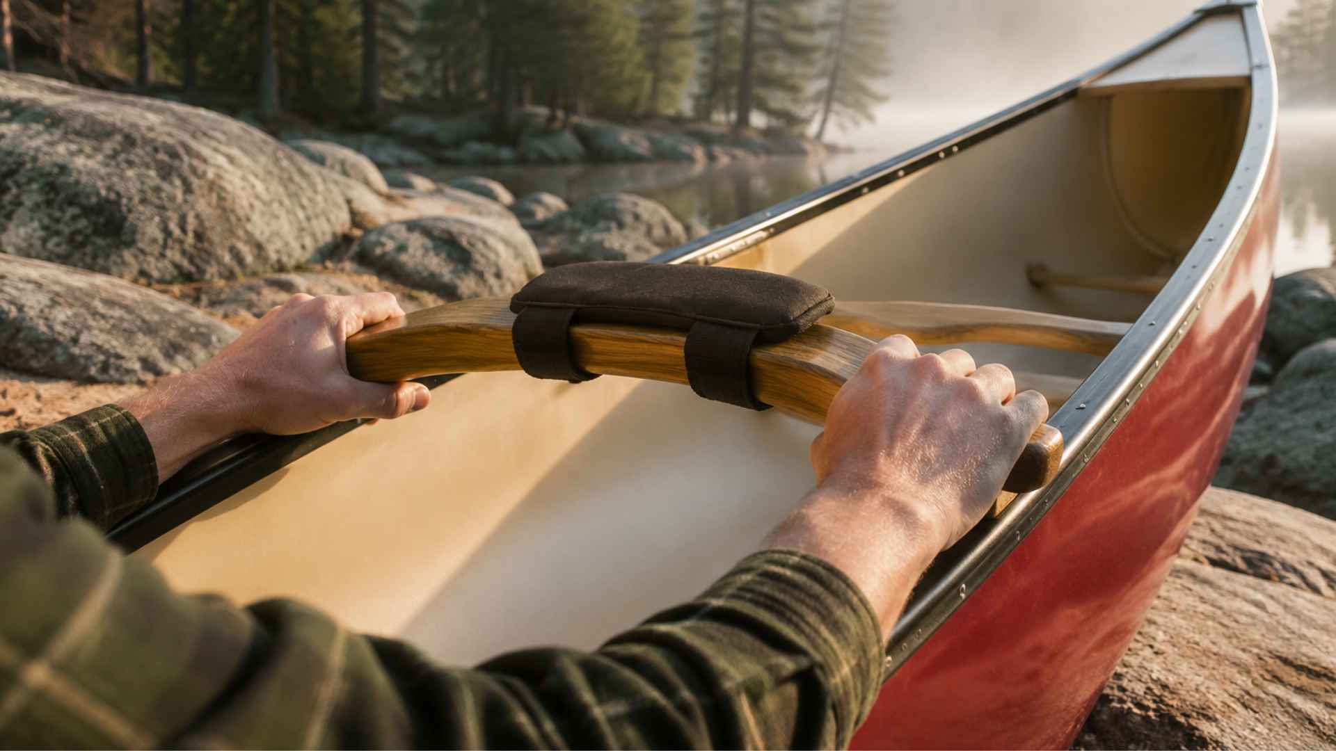 Hands on wooden canoe yoke fitted with foam pad, close-up on rocky lakeshore with red canoe and misty pine background