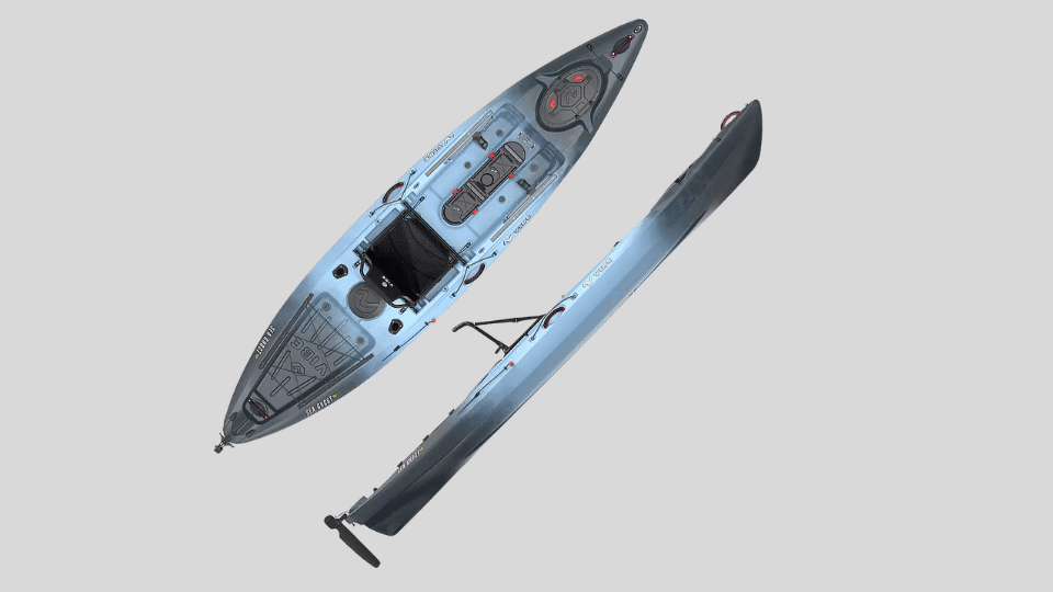 Vibe Sea Ghost 130 camo sit-on-top kayak with rudder system and large rear tankwell.