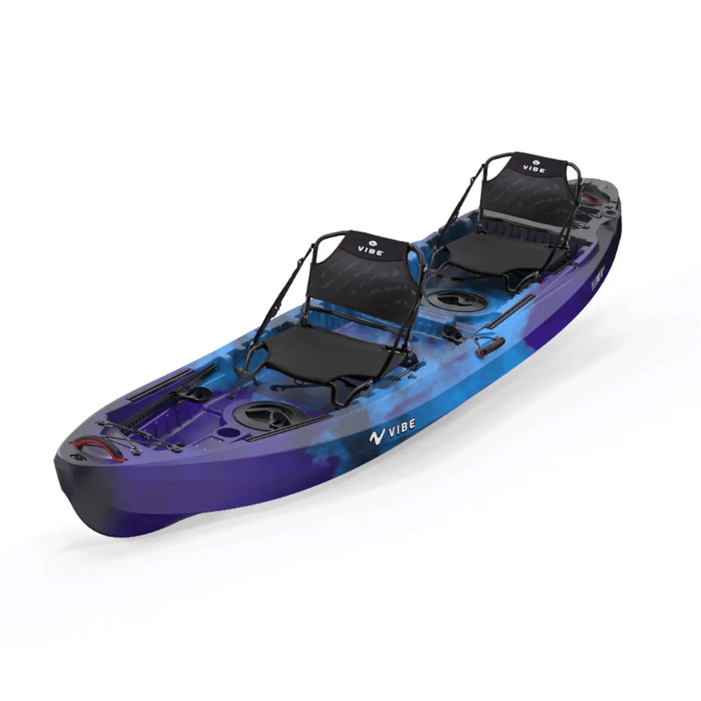 Vibe Kayaks Yellowfin 130T tandem fishing kayak in blue and purple, featuring two Hero seats and open deck storage.