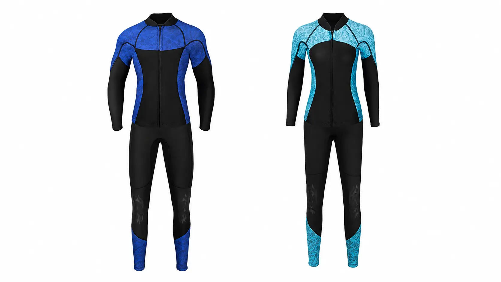 Blue and turquoise wetsuits displayed on clean light background
