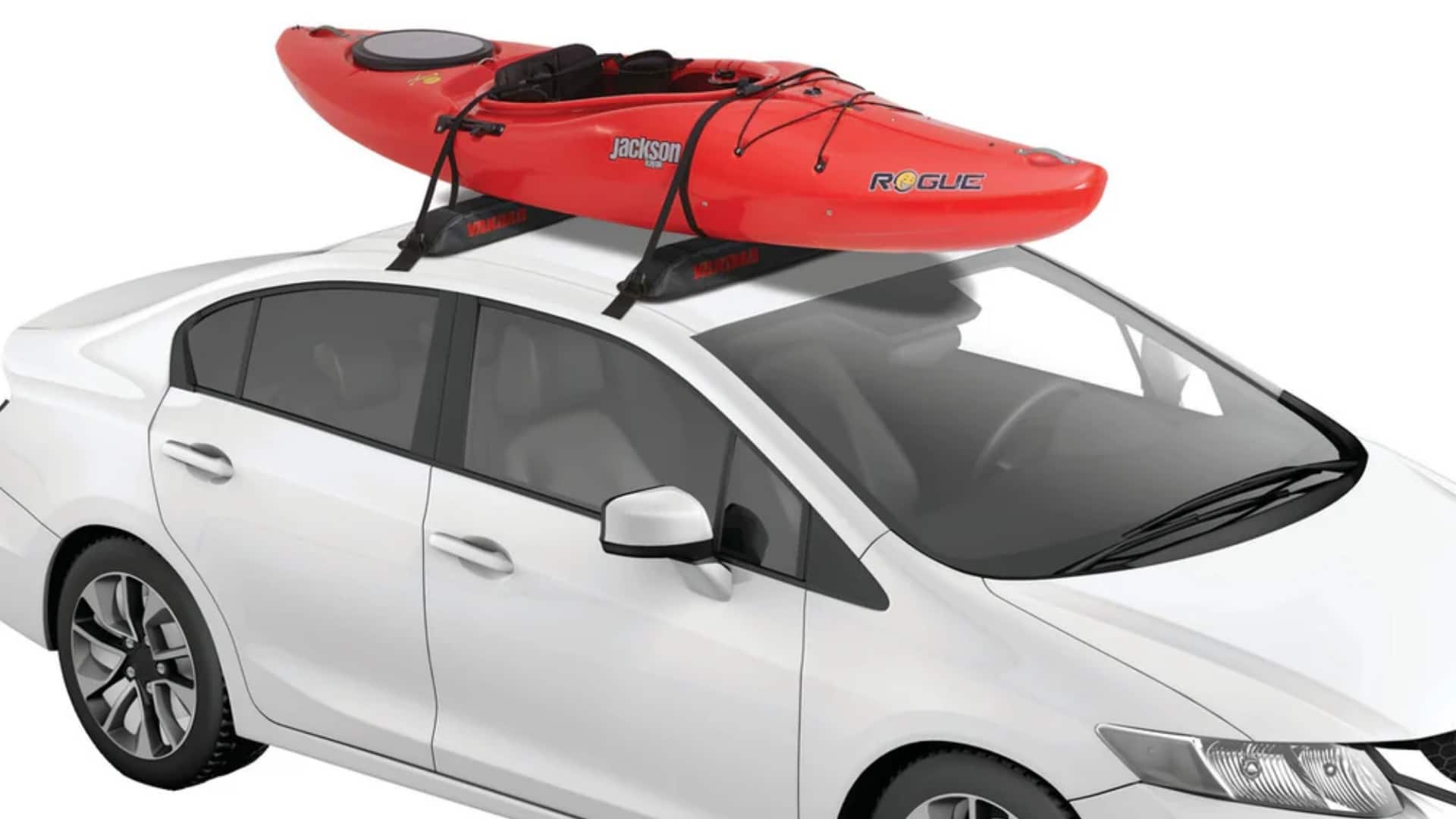 A red kayak strapped to a Yakima EasyTop soft roof rack system on a white sedan.