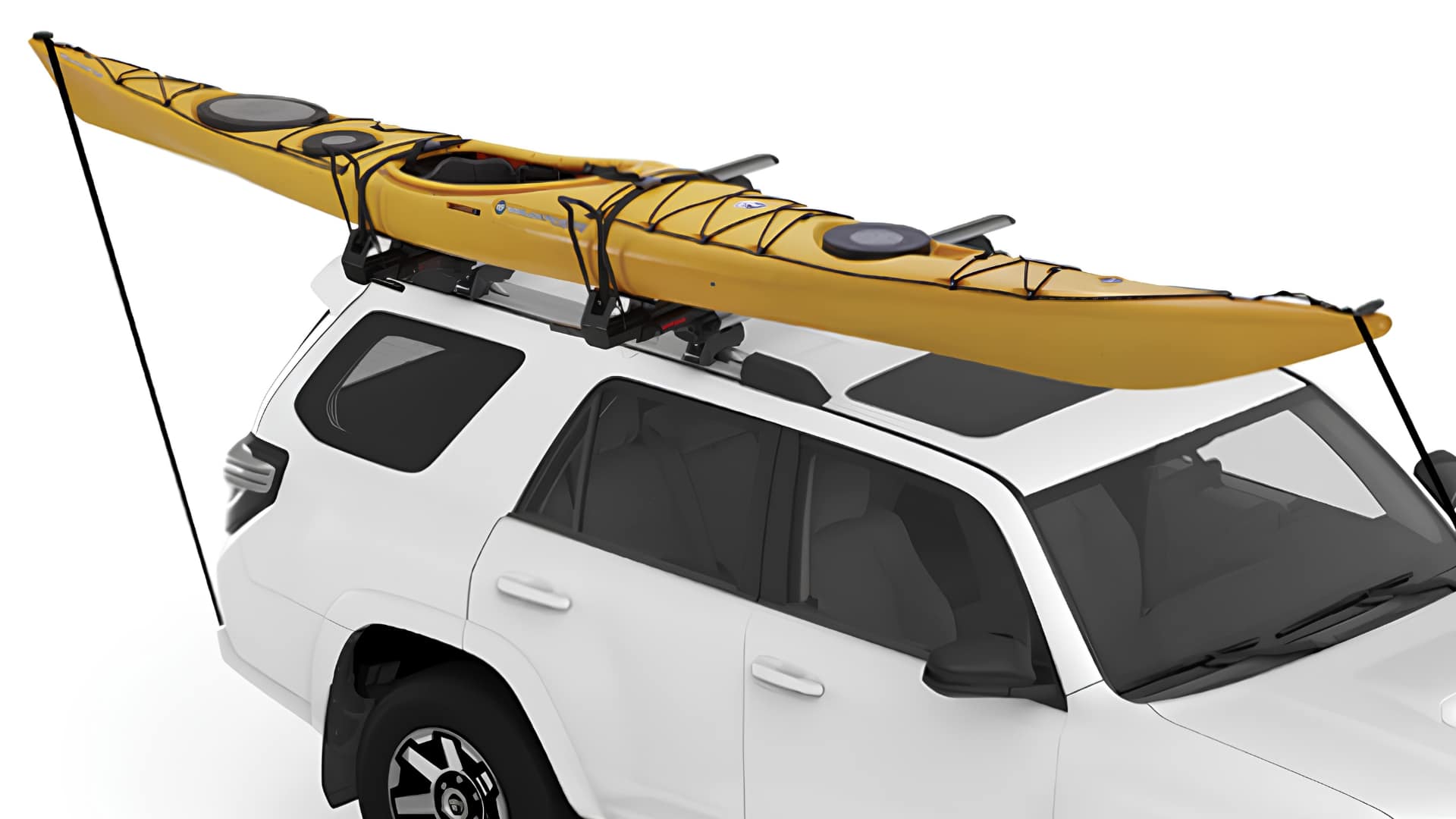 A yellow kayak secured to a Yakima ShowDown roof rack system on top of a white SUV.