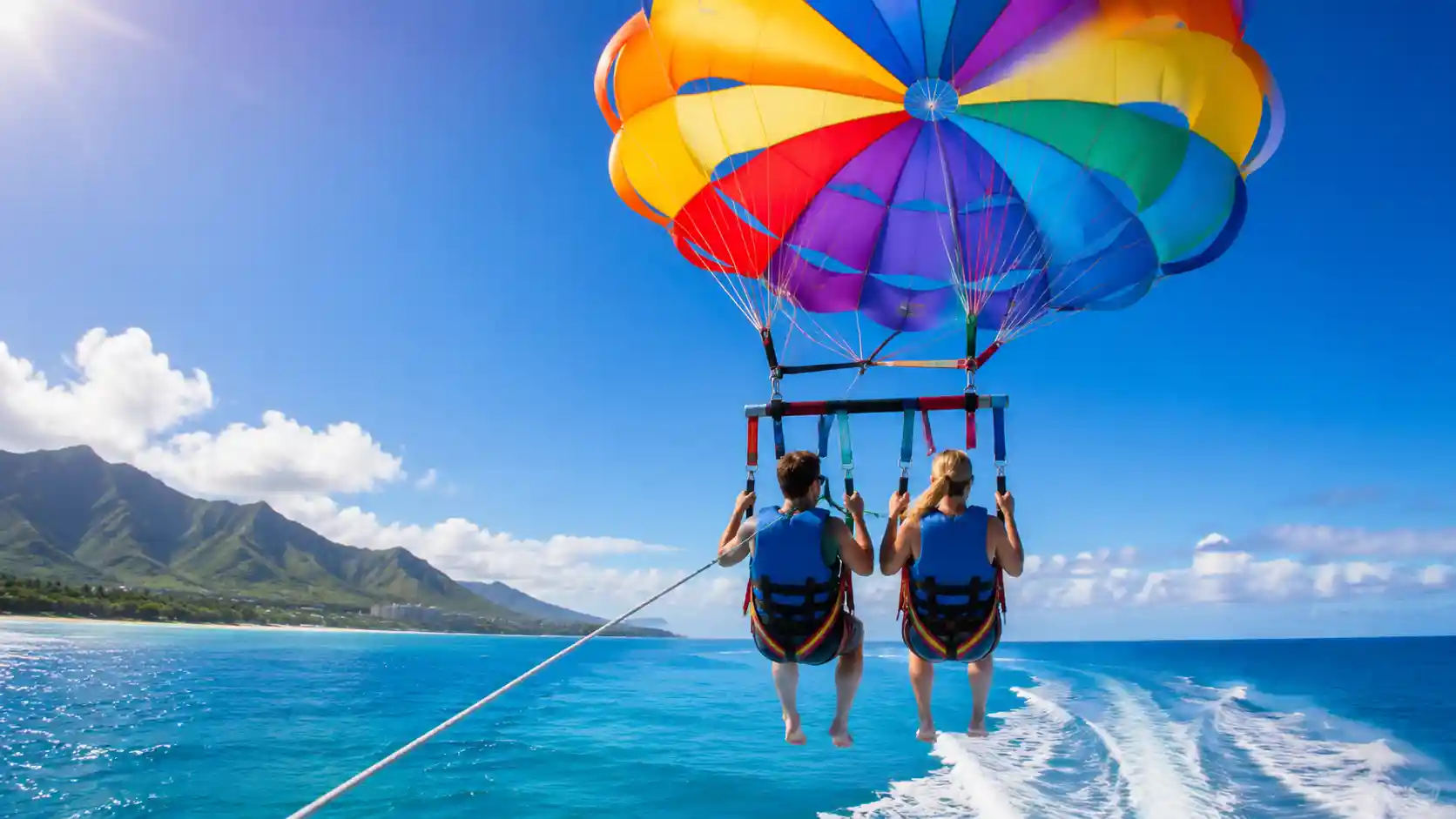 A couple parasailing.
