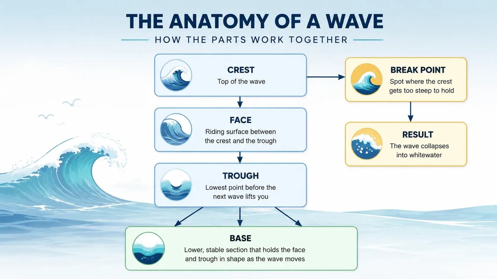Clean infographic showing anatomy of a wave with crest, face, trough, base, break point and whitewater flow diagram.