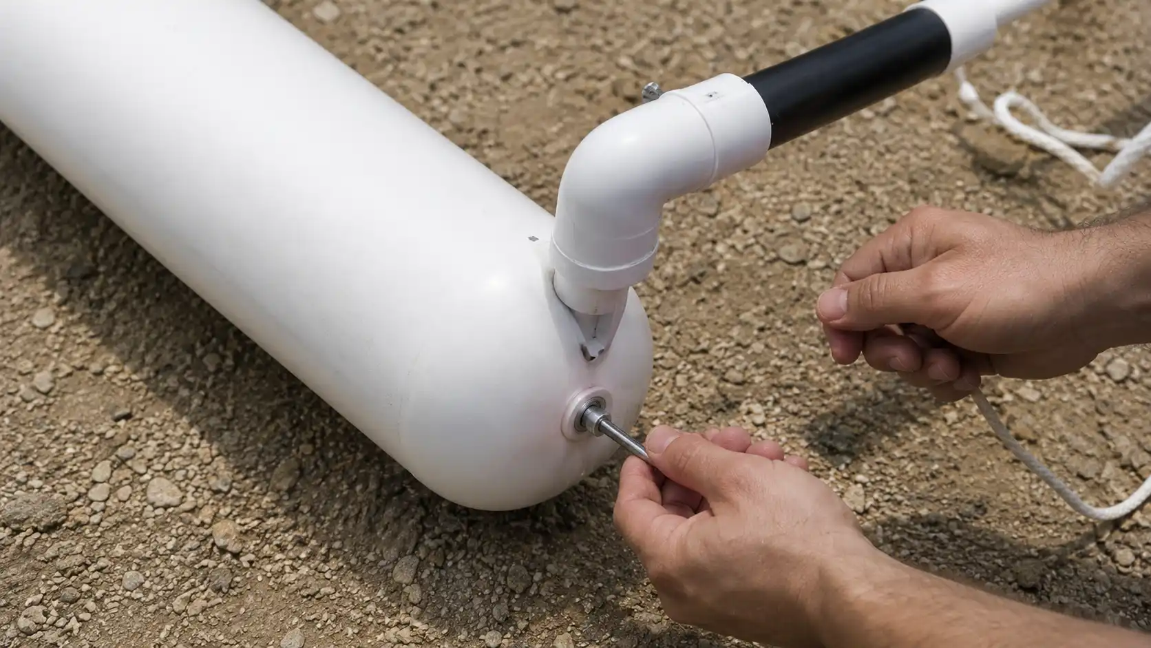Hands securing a foam float to a DIY kayak outrigger arm with bolts for a stable water setup.