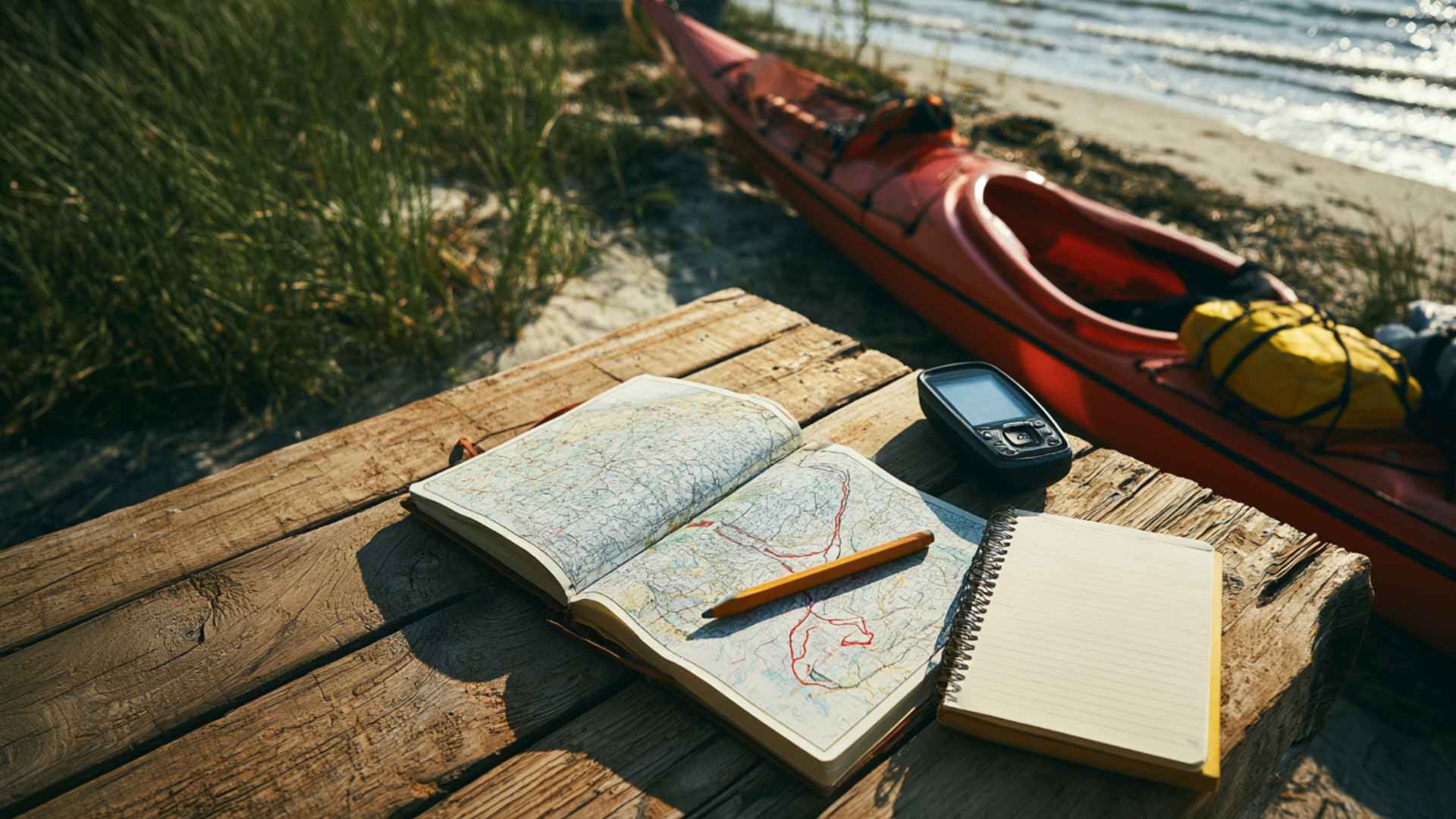 Kayaking paddle plan setup with map, notebook, and gear arranged for coastal trip preparation