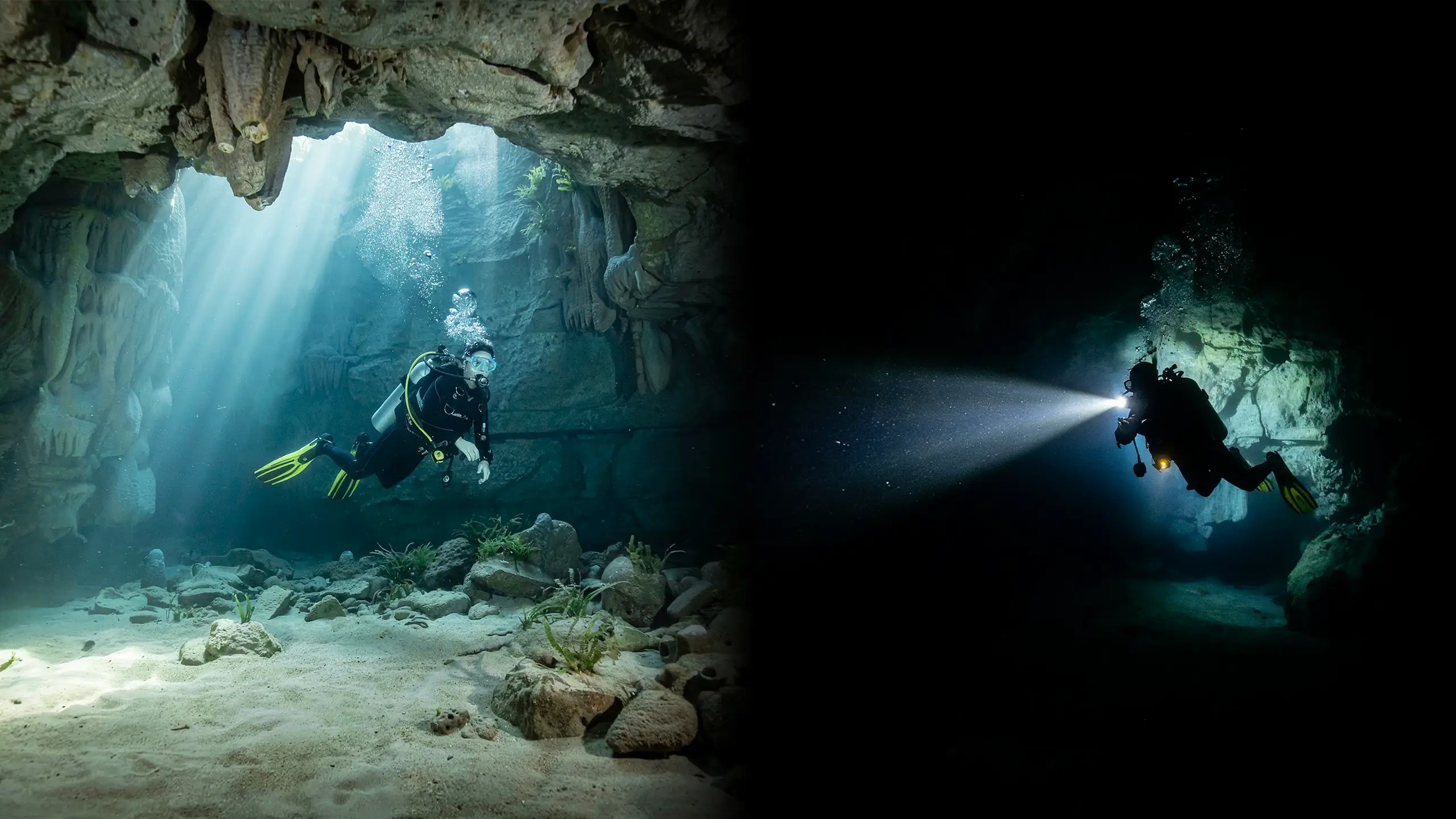 Split scene comparing cavern diving in daylight zone and cave diving in total darkness