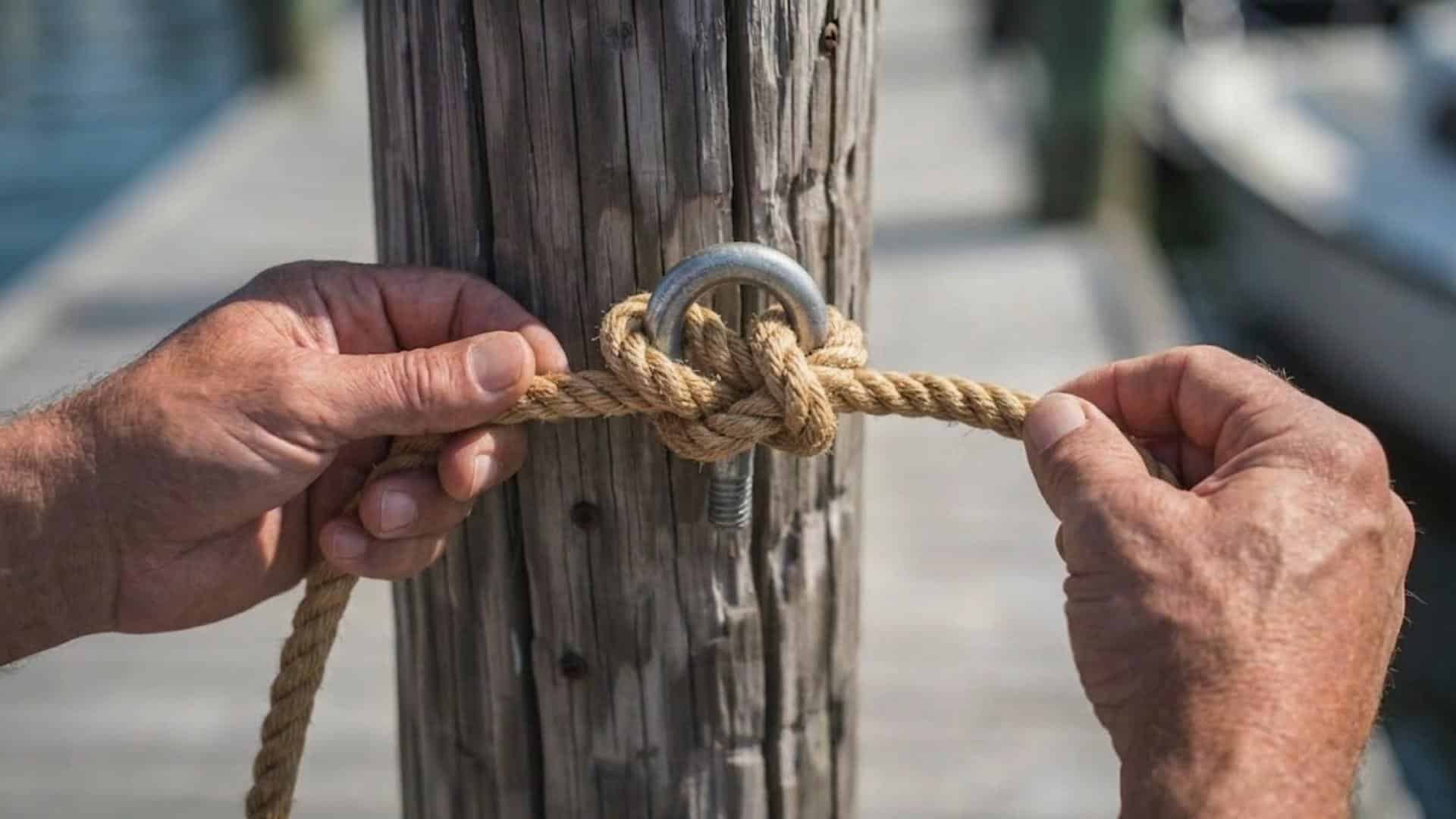 Hands pulling a clove hitch tight around a metal ring bolt on a wooden post.