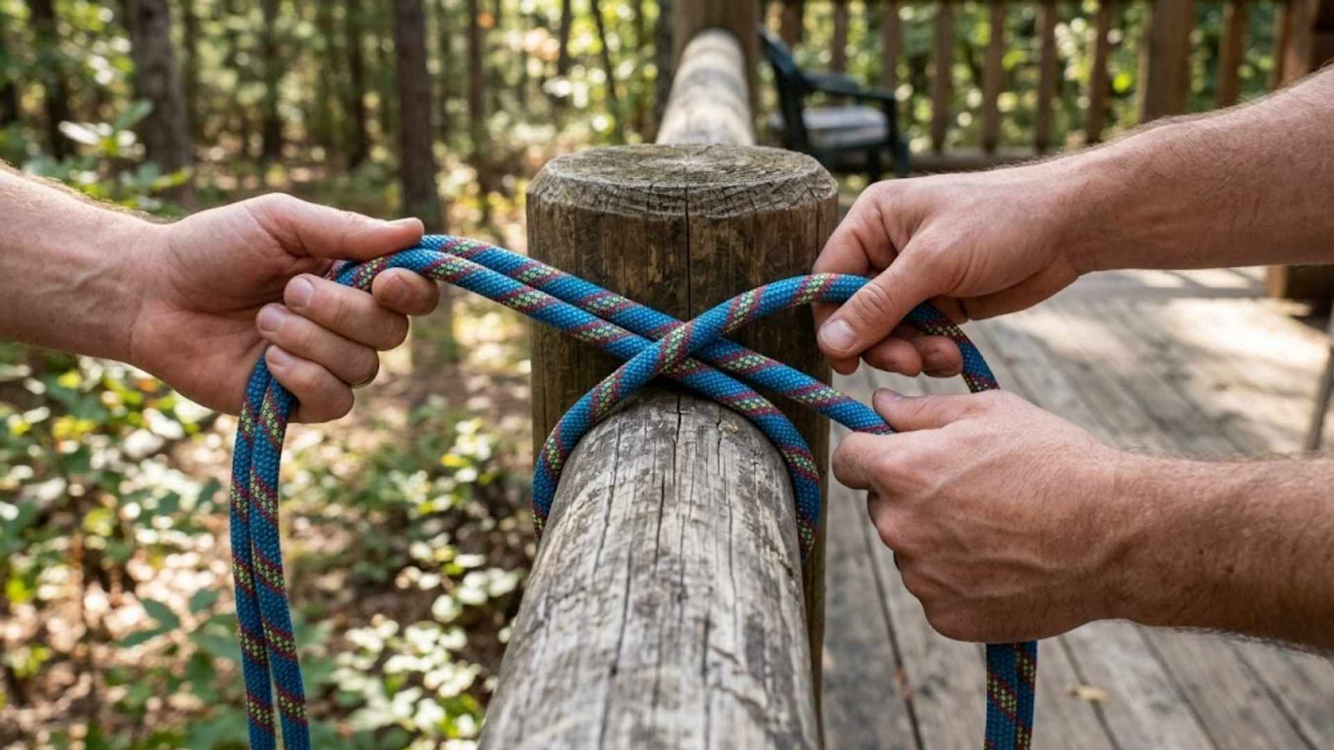 A close-up photograph of hands securing a double-stranded blue climbing rope around a wooden post.