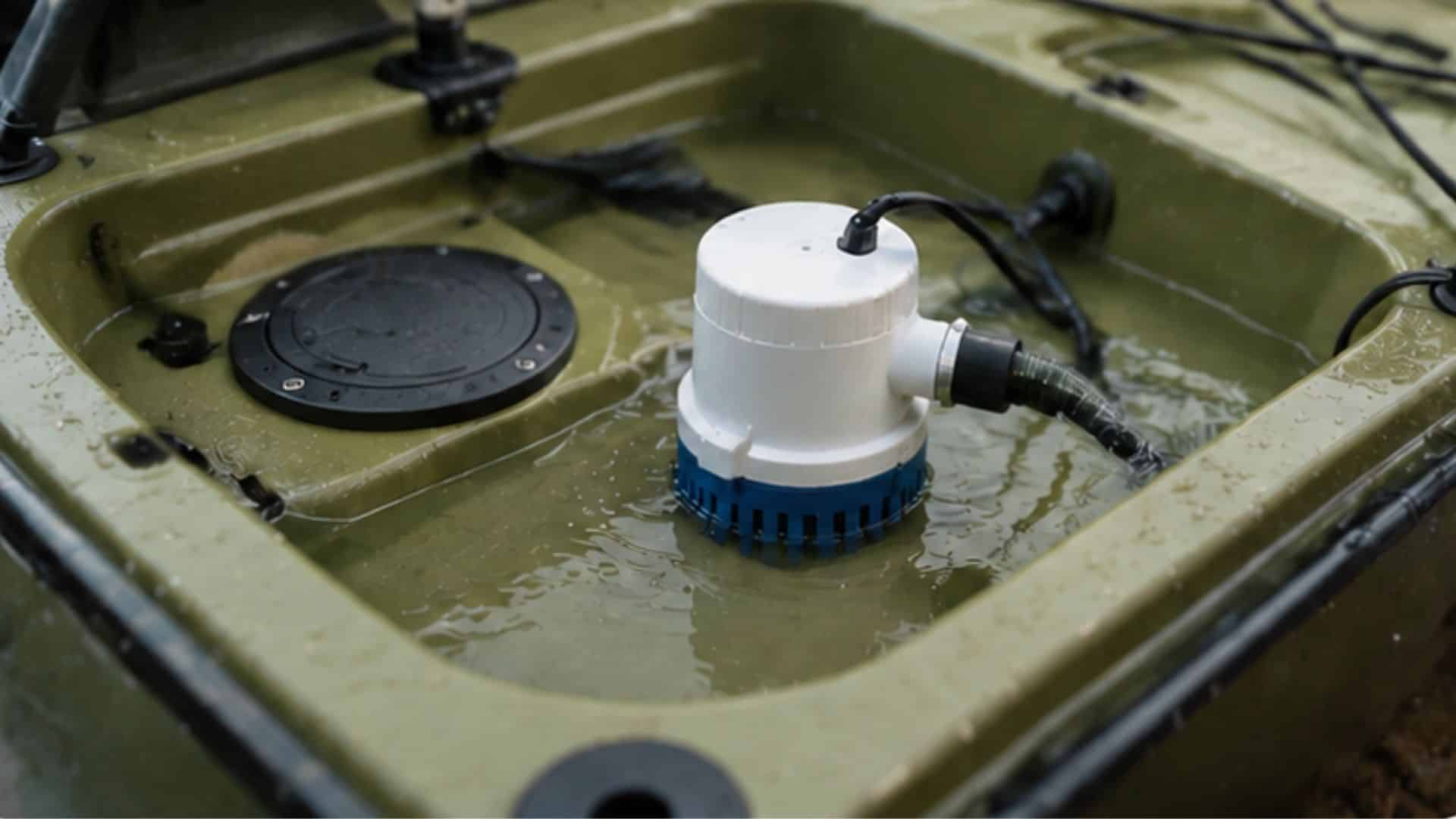 Compact bilge pump installed in a kayak removing water from the hull for reliable drainage in small watercraft.