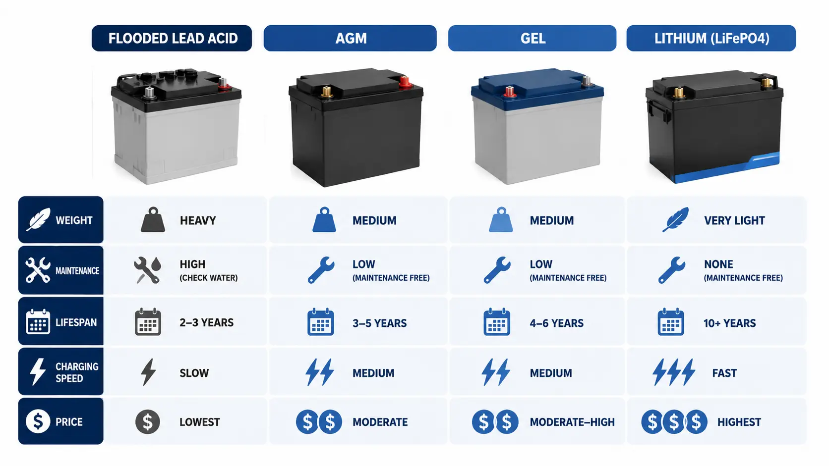 comparing flooded, AGM, gel, and lithium trolling motor batteries