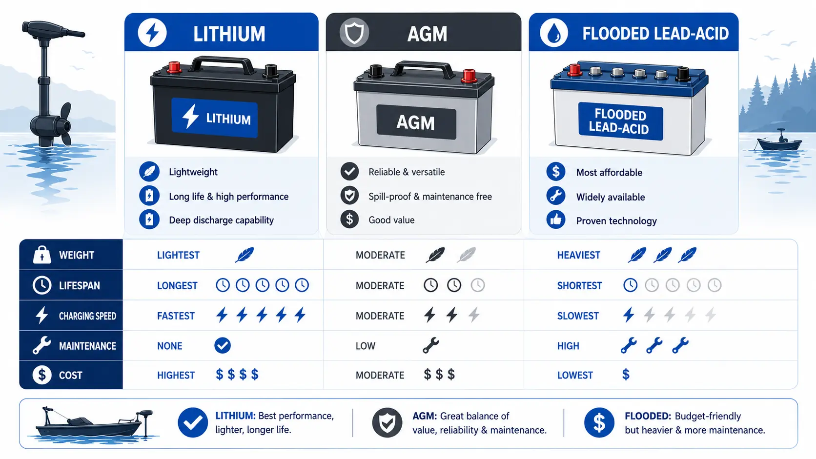 comparing lithium, AGM, and flooded trolling motor batteries
