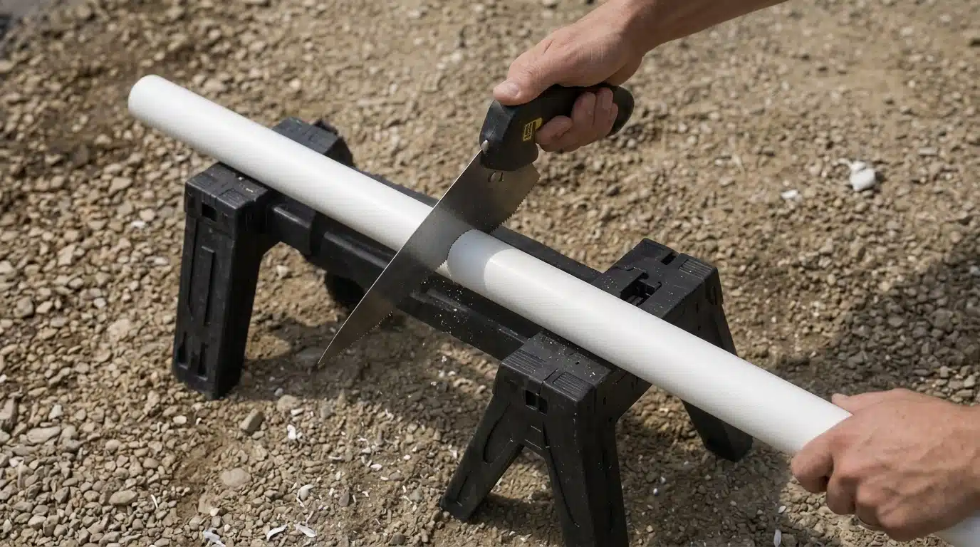 Person cutting a PVC pipe with a hand saw to make matching kayak outrigger support arms for DIY build.