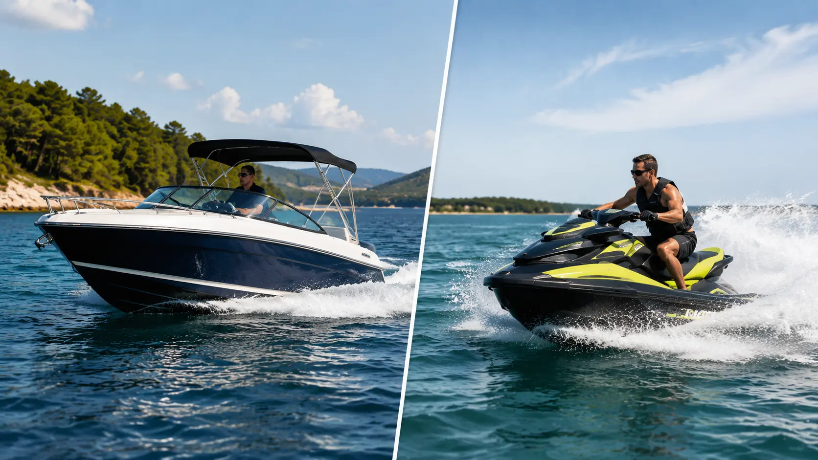 Split screen of two watercraft, left a small boat with a person in orange life jacket,right a jet ski on calm water.