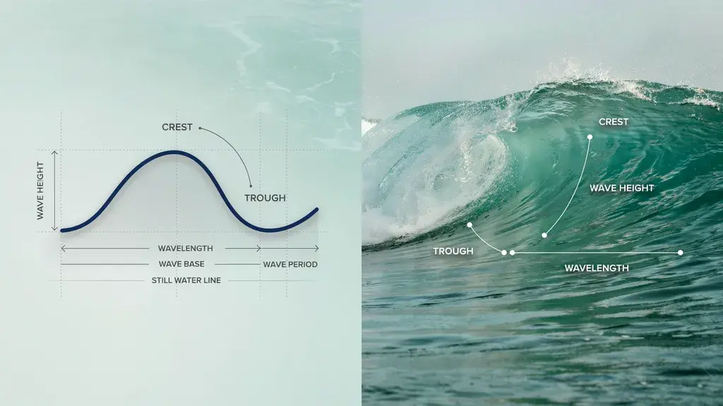 Diagram and real photo of an ocean wave, both labeled showing crest, trough, wavelength, and wave height.