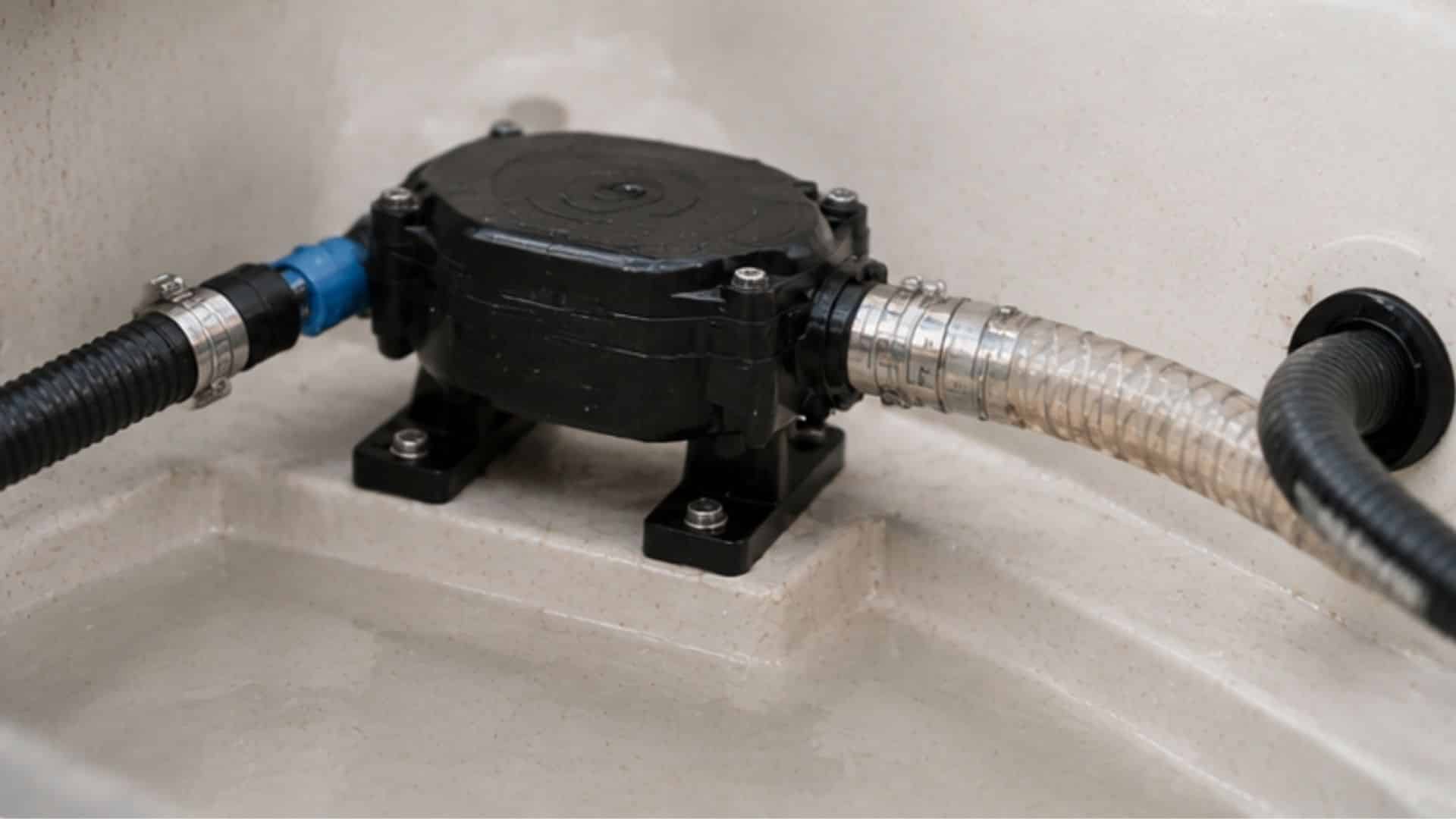 Diaphragm bilge pump mounted above the bilge with hoses for debris heavy water drainage in a boat hull safely.