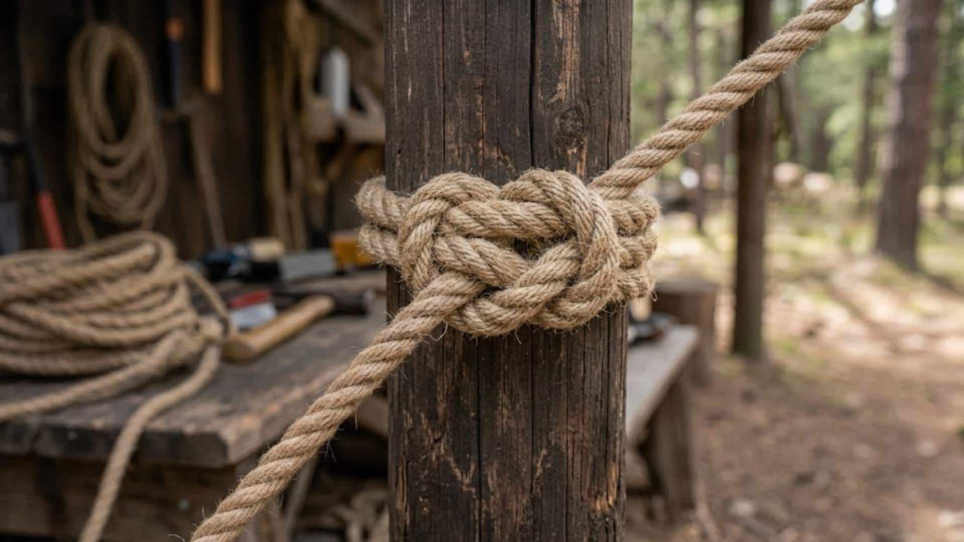 Double clove hitch knot secured around a wooden post with multiple rope wraps and braided texture in an outdoor setting