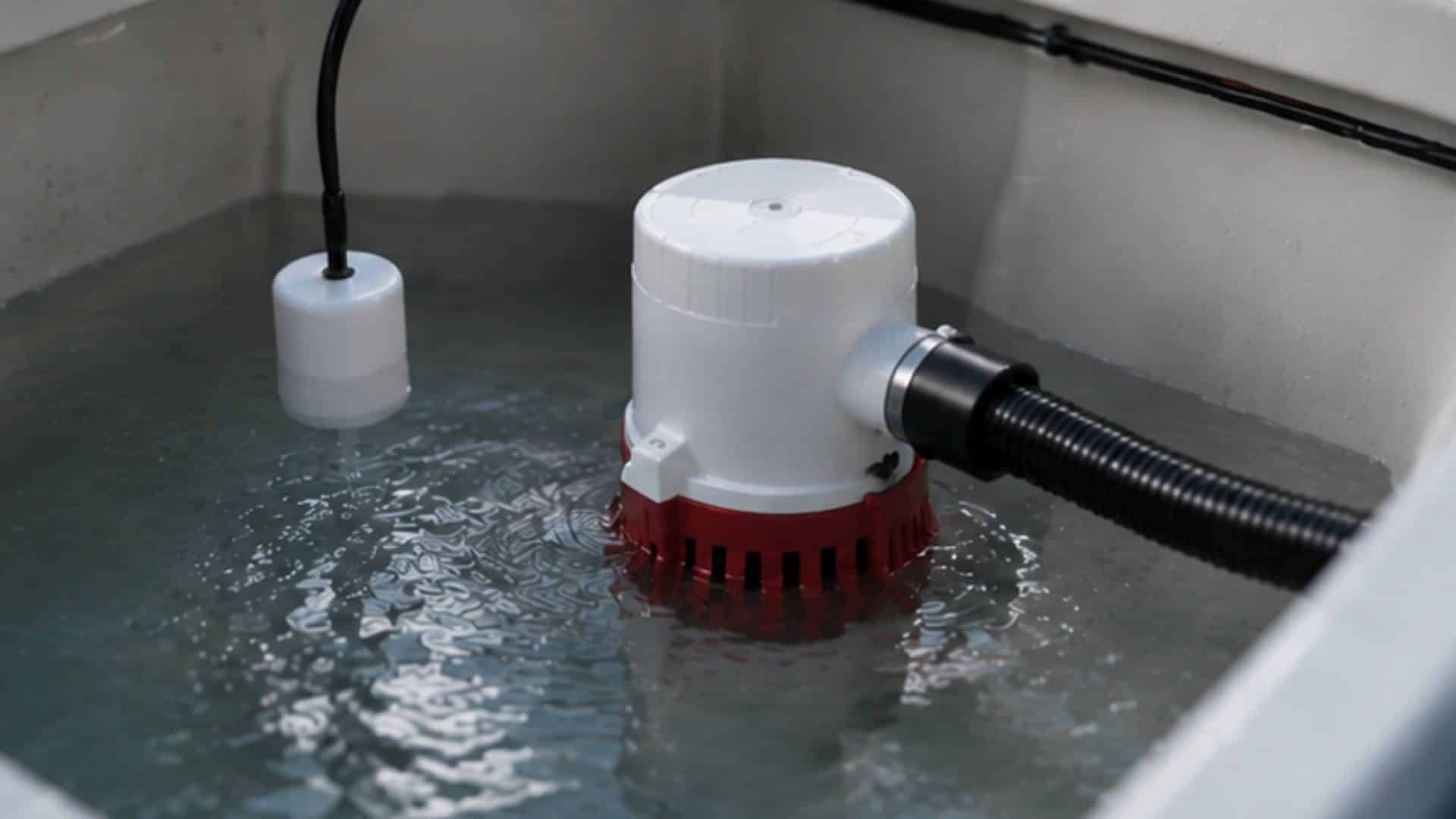 Electric automatic bilge pump with a float switch removing water from a boat bilge to keep the hull dry and safe.