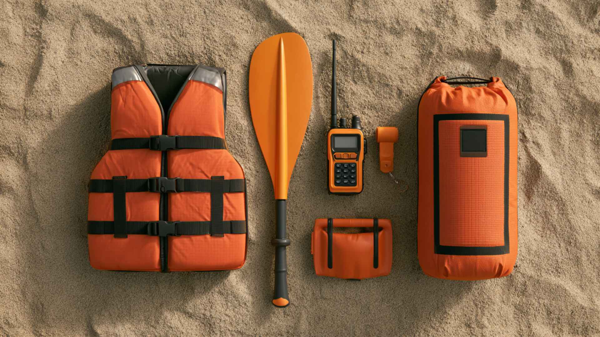 Coastal kayaking safety gear laid out on sand including life jacket, paddle, radio, whistle, and dry bag