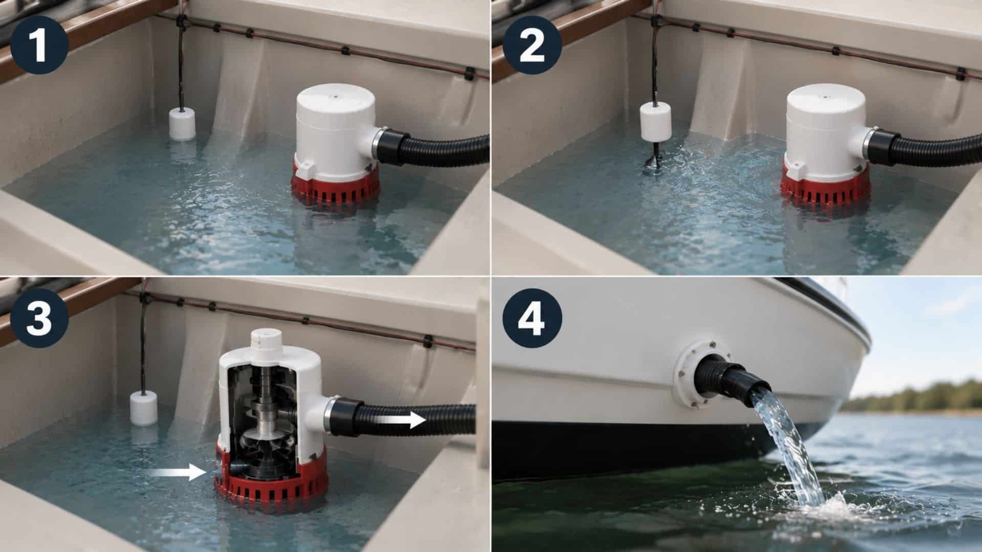 Four step infographic showing how a boat bilge pump collects, pumps, and discharges water safely outside the hull.