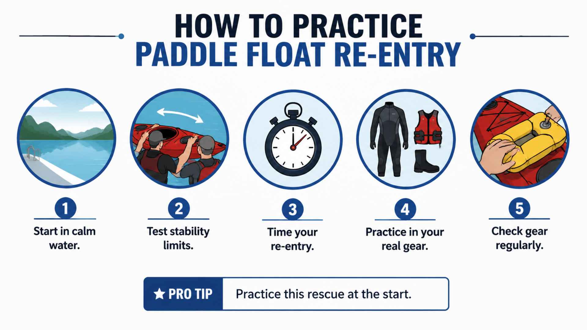 infographic showing paddle boat re-entry tips with different icons