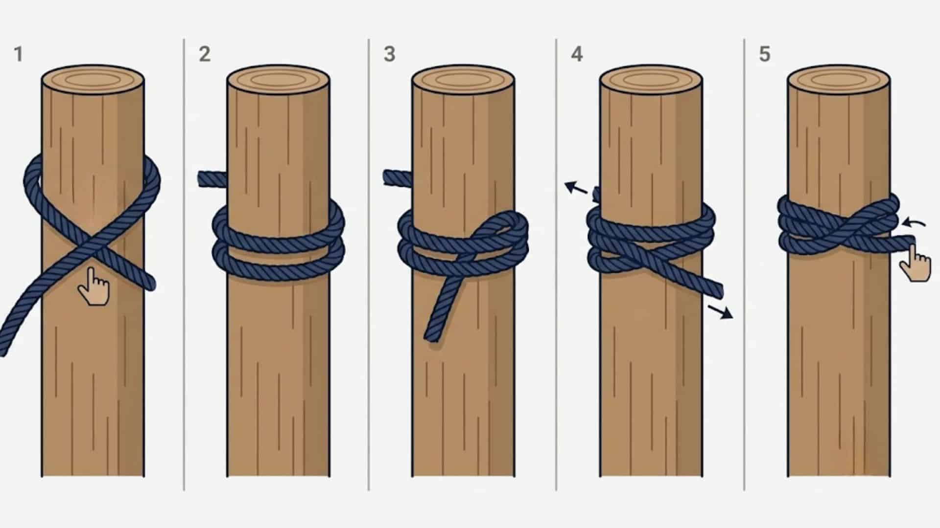 Five-step diagram showing how to tie a navy blue clove hitch knot on a wooden post.