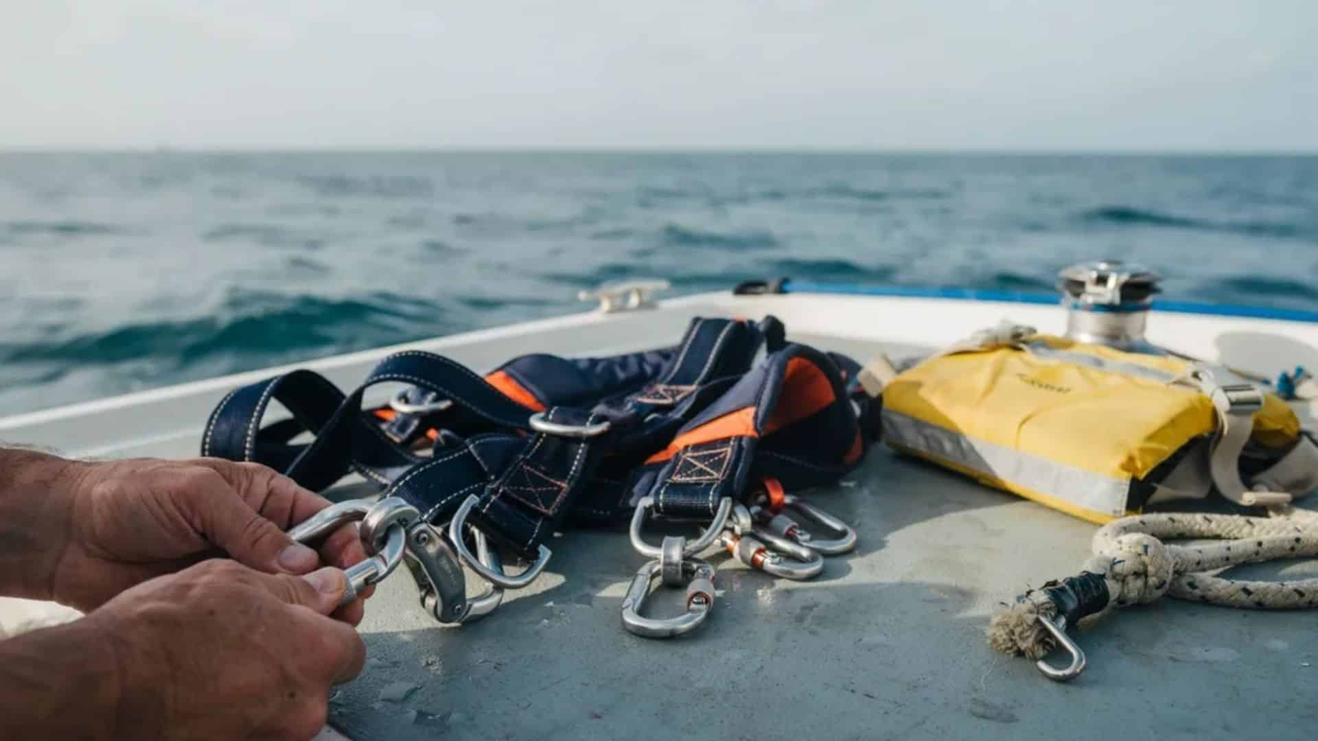 Parasailing safety equipment including harness life jacket and clips inspected before an ocean flight