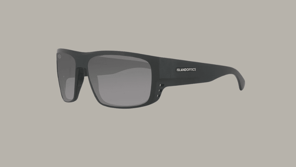 Island Optics Mako XL polarized fishing sunglasses with wide frame fit on a plain background