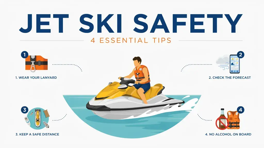 Jet ski safety infographic showing rider tips for lanyard use, weather checks, distance, and no alcohol on board.