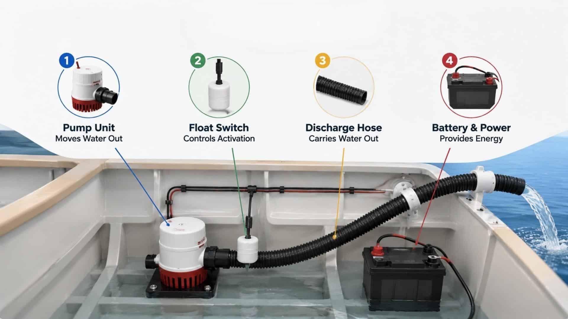 Infographic showing pump unit, float switch, discharge hose, and battery in a boat bilge pump system layout.