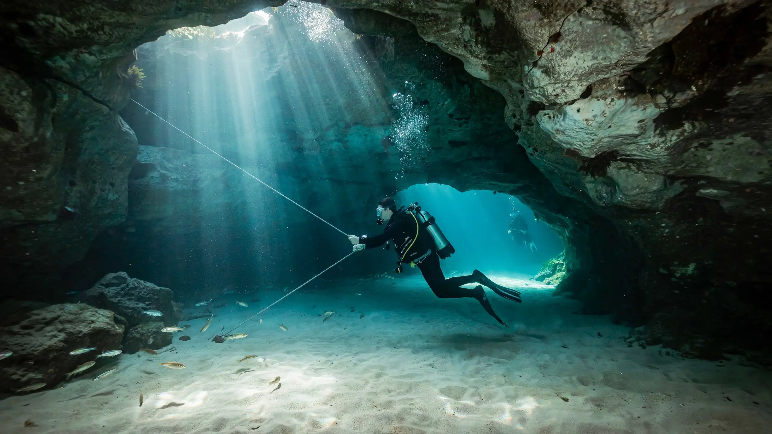 Diver following a guideline inside a Florida spring cave system