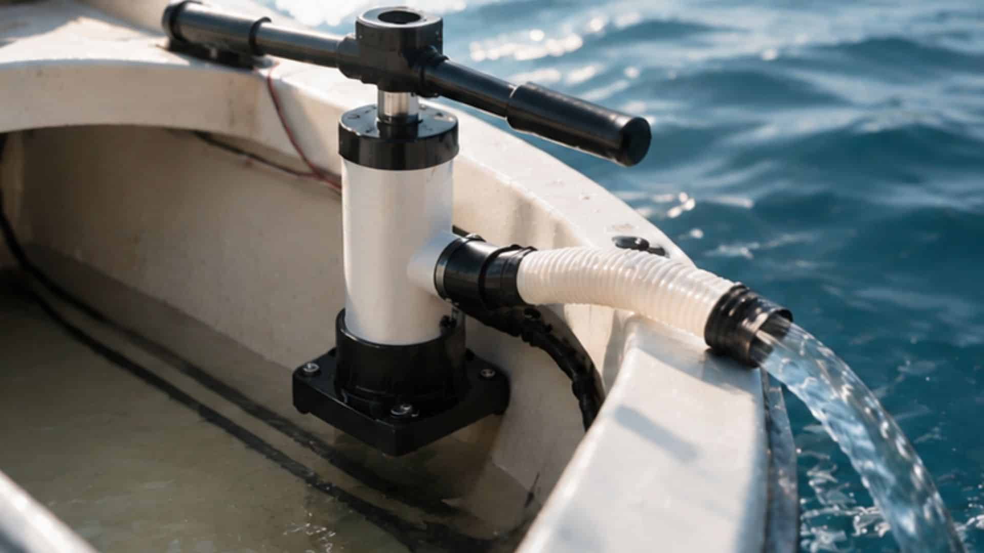 Manual bilge pump mounted inside a boat removing water through a discharge hose above the waterline during emergency use.