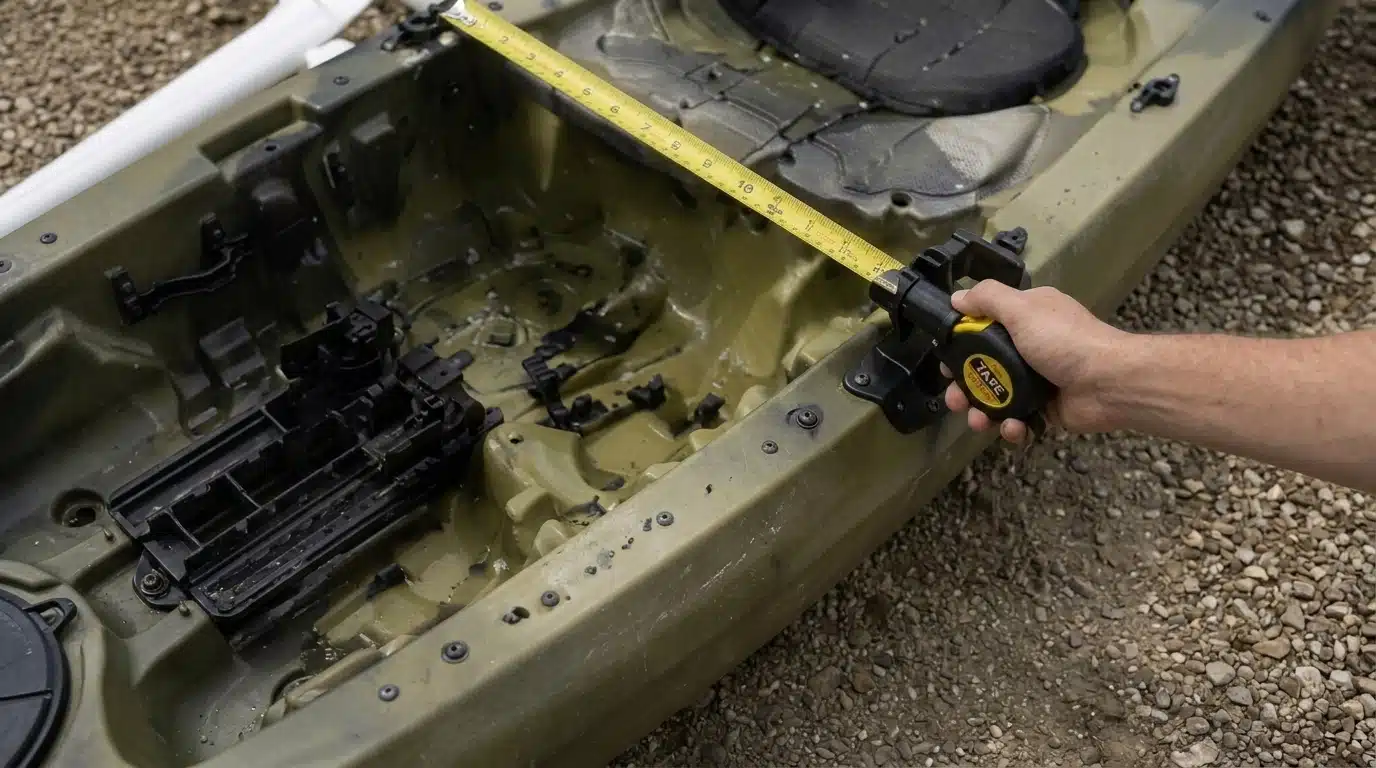 Measuring kayak width for outrigger rod holder placement behind the seat.