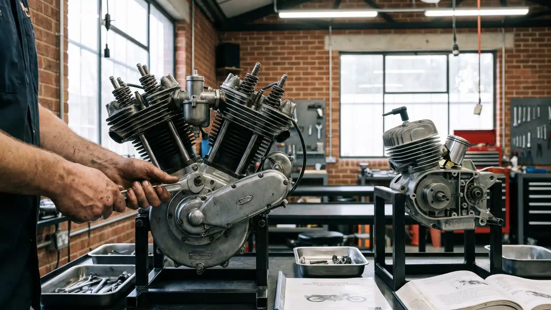 Mechanic working on a motorcycle engine with exposed components on a stand in a workshop