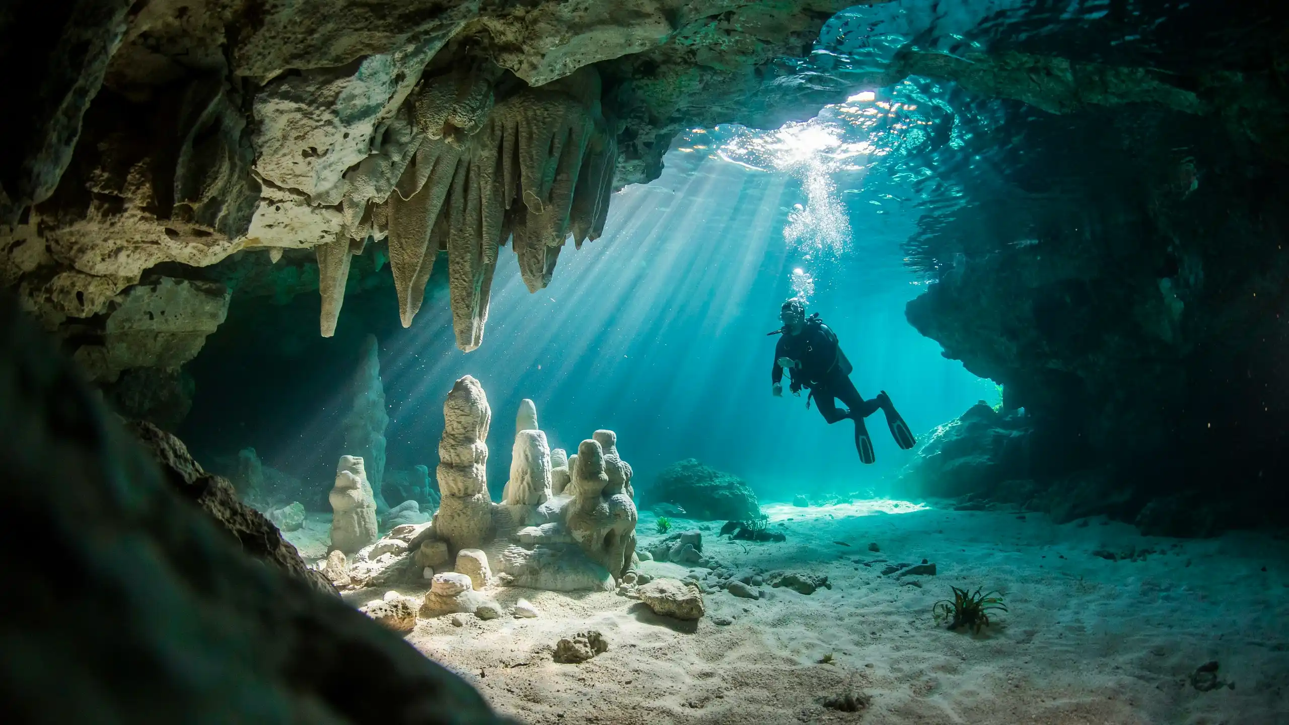 Diver inside a clear turquoise cenote in Tulum, Mexico